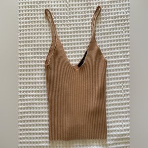 Tan Ribbed Women V-neck Tank Top